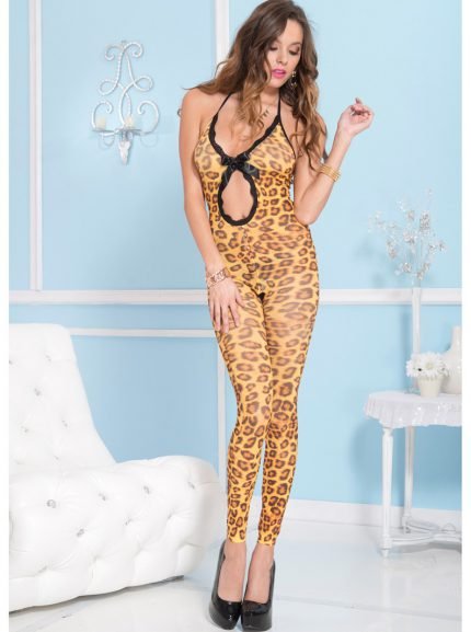 Cheetah Print Footless Bodystocking W/ Open Crotch