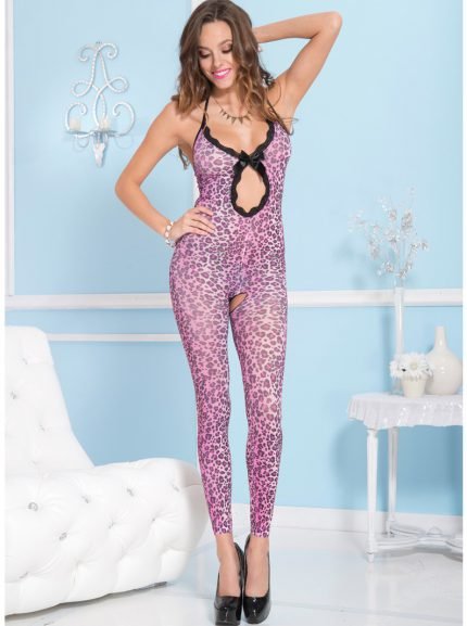 Pink Leopard Print Footless Bodystocking W/ Open Crotch