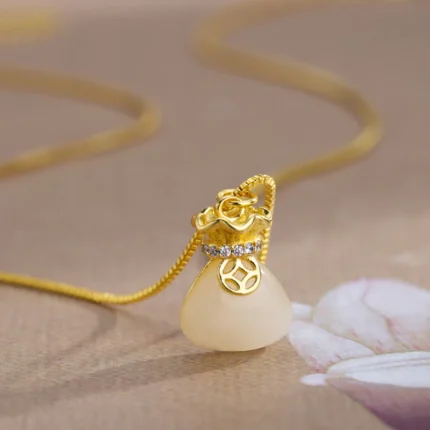 Buddha Stones White Jade Copper Coin Luck Money Bag Necklace Pendant