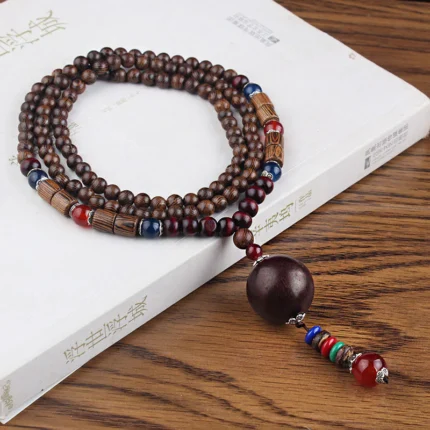 Buddha Stones Tibetan Wenge Wood Bodhi Seed Agate Balance Peace Necklace Pendant