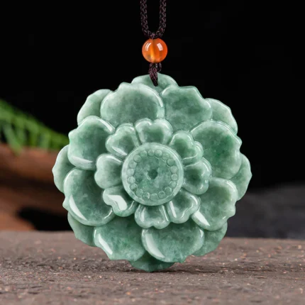 Buddha Stones Lotus Pattern Jade Luck Prosperity Necklace Pendan