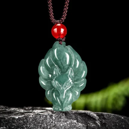 Buddha Stones Natural Green Jade Nine-Tailed Fox Luck Necklace P