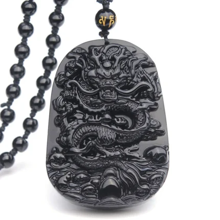 Buddha Stones Black Obsidian Stone Dragon Fulfilment Pendant Nec
