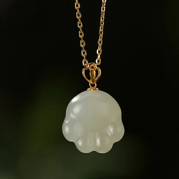 Buddha Stones 925 Sterling Silver Hetian White Jade Cute Cat Paw Luck Necklace Pendant