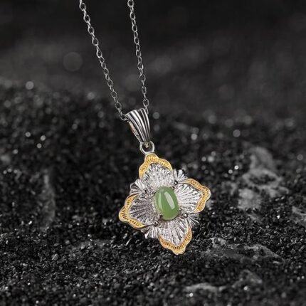 Buddha Stones 925 Sterling Silver Plated Gold Hetian Cyan Jade R