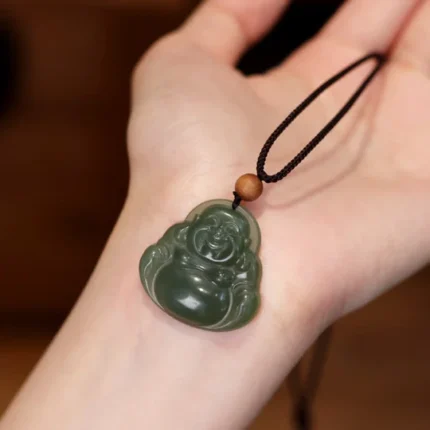 Buddha Stones Laughing Buddha Hetian Jade Healing Calm Necklace