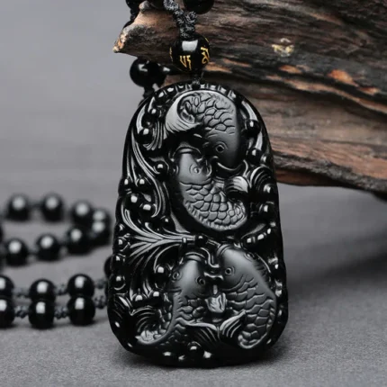 Buddha Stones Black Obsidian Koi Fish Engraved Strength Beaded N