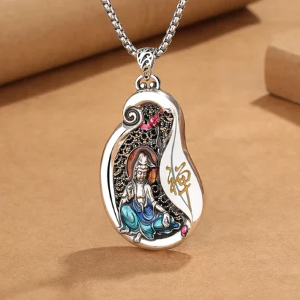 Buddha Stones Avalokitesvara Lotus Design Copper Wealth Necklace