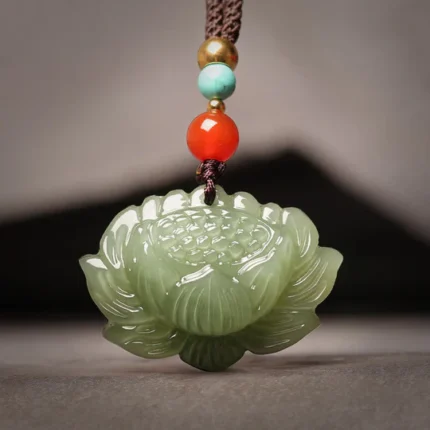 Buddha Stones Hetian Cyan Jade Lotus Flower Success Necklace Pen