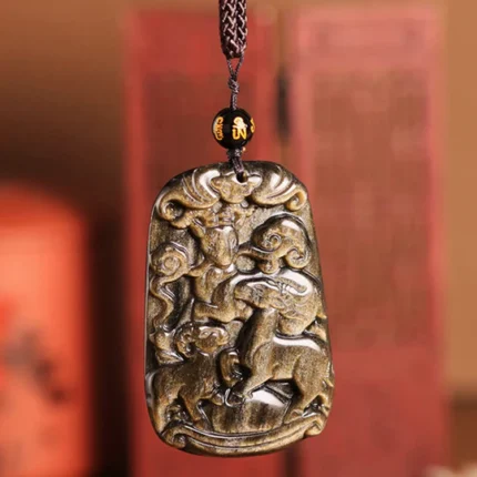 Buddha Stones Gold Sheen Obsidian Three Goats Bring Good Luck Pa