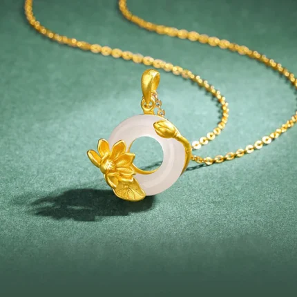 Buddha Stones Natural White Chalcedony Peace Buckle Lotus Pendan